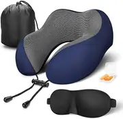 Travel Pillow Memory Foam Neck Pillow Airplane Travel Kit with 3D Sleep Mask Earplugs, Navy