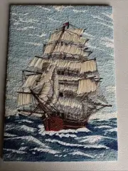 Framed Nautical Crewel Needlework Clipper Ship Boat Hand Embroidered Wall Art