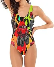 [RPLIFE] Cool Monster Trucks Womans Bathing Suits, Low Back One-Piece Swimsuits for Women Basic Swimsuits for Women
