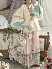 [JIMINISO] Ming Dynasty Dress Set Beige Velvet Coat Blue Cross Collar Shirt Pink Horse Face Skirt Winter Women Clothes