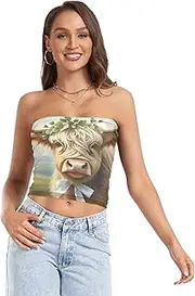[RPLIFE] Cute Highland Cow Coastal Summer Tops, Strapless Top for Women, Sheer Tube Tops, Trendy Crop Tops (S)