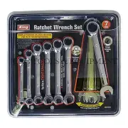 KING 7PC Ratchet Spanner Combination Wrench Set, Open-End/Box-End SAE/Metric NEW