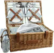 Wicker Picnic Basket for 4 Persons Large Willow Hamper free Cutlery Service Kit
