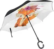 Double Layer Inverted Umbrella Cars Reverse Umbrella Lovely Baby Fox Flower Cartoon Windproof UV Proof Travel Outdoor Umbrella