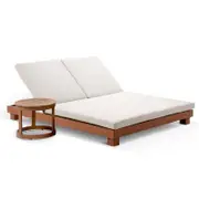 Santorini Aluminium Double Sun Lounge - Round Side Table Teak Look - Cream