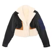 Nevenka Womens Denim Jackets Patchwork Turn Down Collar Plush Coat-Black