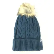 Cirque Beanie Hat Cable Knit Faux Fur Pom Cuffed Fleece Lined Navy Blue One Size