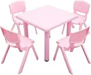 Kid's Adjustable Square Pink Table & 4 Pink Chairs Set