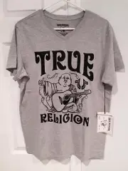 NWT True Religion Men's Backstage S/S V-Neck Heather Grey Buddha Tee Size Large