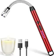 Candle Lighter, Electric Lighter Arc Windproof Flameless with 360° Flexible Neck & LED Power Display, USB Rechargeable Lighter for BBQ, Grill, Camping, Fireplace, Stove (Red)