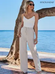 Sosandar Natural Drawstring Waist Wide Leg Trousers With Linen (E13592) | $113