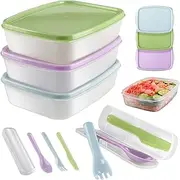 3 Pack Bento Lunch Box with Cutlery Set, 1 Compartment Reusable Meal Prep Containers, Durable Bento Box Adult, Food Storage Containers with Lids, Microwave and Dishwasher Safe
