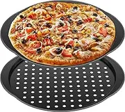 2 Pcs Pizza Trays 14 Inch Pizza Pans Non-Stick Baking Trays with Holes and Handles Carbon Steel Pizza Pan Round Pizza Oven Tray Tools Kitchen Cooking Pan Easy to Clean Pizza Pan