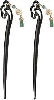 2 Pieces Chinese Wood Hair Sticks, Tassel Flower Hair Chopsticks Retro Wooden Hairpin Classic Long Hair Hair Pins for Women Girls Hair Accessory (Green, One Size)