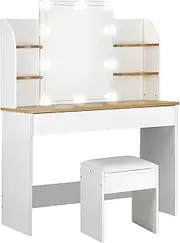 OIKITURE Vanity Table with 10 Light Bulbs Mirror - Makeup Dressing Table Adjustable 3 Colours & 10 Brightness, with Drawer Shelf Space Storage Soft Cushioned Stool, for Bedroom Studio, White