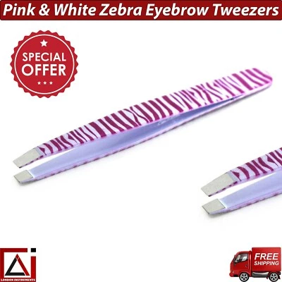 Eyebrow Tweezers Slant Hair Beauty Zebra Tweezers Stainless Steel Pink & White