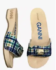 GANNI x DR. Scholl’s Sandals Blue Iris Size Slides Wooden Platform 39EU 8 9 US