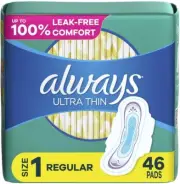 Always Ultra Thin Pads Size 1 Regular With Wings Unscented 46 Count