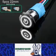 5 x 22mm Metal Push Button Switch White LED 12-24V Pre-Wired Self-Locking Switch