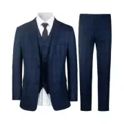 Men's Suit Pants Vest Blazer Dark Navy Checkers 3Pcs Slim Notched Lapel #ST-5500