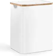 TECHMILLY 66L Small Laundry Basket with Bamboo Handles, Waterproof Laundry Hamper with Lid, Waterproof Sturdy Clothes Laundry Hamper for Dorm Room, Bathroom, Bedroom (White)