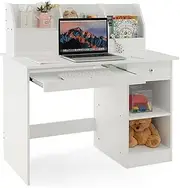 HONEY JOY Kids Study Desk, Children Writing Table w/Hutch, Drawer, Storage Shelves & Keyboard Tray, Anti-toppling Device, Student Wooden Computer Desk Workstation for Home School Use, White