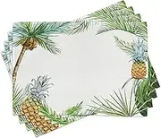 Ambesonne Pineapple Place Mats Set of 8, Watercolor Tropical Island Style Border Print Exotic Fruit Palm Trees and Leaves, Washable Fabric Placemats for Dining Table, Placemat 8 pcs, Fern Green White