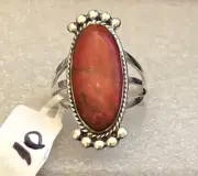 Natural Coral Elongated Oval Solitaire Ring size 10 in 925 Sterling Silver