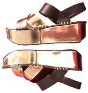 PRADA gold platform wedge sandals, sz 7.5, unworn NIB MSRP $750 Made in Italy