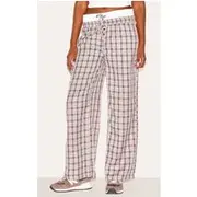 Brown Gingham Print Button Front Straight Leg Pants, Brown