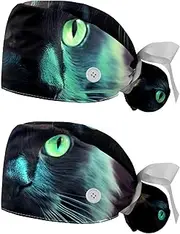 [YTYVAGT] 2-Pc,Nurse Scrub Caps,Scrub Hats with Buttons and Cotton Sweatband,Cat Animal Pet Eyes