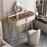 Glam Glass Top Makeup Table with Mirror and Cushion Stool Vanity Desk with Metal Table Legs Bedroom Dresser Set