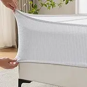 MIYE Jacquard Fabric Box Spring Cover,Super Stretchy Wrap Around 4 Sides Elastic Bed Skirt,Wrinkle & Fading Resistant,Washable & Easy Fit. (White, California King)