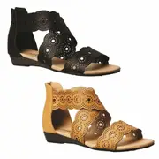 Grosby Skye Tan Black Flats Elastic Womens Ladies Summer Sandals Zip Shoes