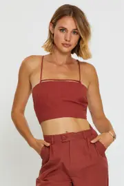 Brown Crop Top Linen Blend - Size 10, Women's Crop Top