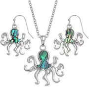 [Tide Jewellery] Blue/Green Octopus Paua shell rhodium-plated pendant and earrings set, One Size, Metal, No Gemstone