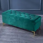 Upholstered Storage Ottoman Footstool Velvet Storage Bench with Crystals Button Modern Bedroom Bench Entryway Shoe Bench Tufted Foot Stool Lift Top(Green,100x42x45cm)