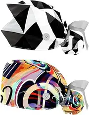 [YTYVAGT] 2-Pc,Nurse Scrub Caps,Scrub Hats with Buttons and Cotton Sweatband,Black and White Triangle
