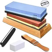 Knife Sharpening Stone Set，Dual Grit Whetstone 400/1000 and 3000/8000,Kitchen Whetstone, Knife Sharpener Stone with 2 Non-Slip Rubber Bases,Leather Strop, Flattening Stone, Bamboo Base，Angle Guide