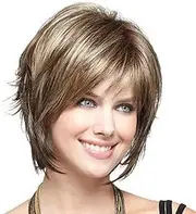 QIANZHONG Synthetic Wig, Brown, 20cm, Wavy, Straight, Casual, Female, Adult, Heat Resistant, Layered Cut with Bangs, Suitable for Fair Skin Tones