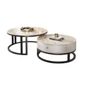 Snowy Mountain Faux Modern Marble Slate Nesting Coffee Table Set Leather Wrapped Wood Drawers
