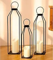 Perfnique Set of 3 Black Metal Lanterns w/ 6hr Timer Flickering Flameless Candles, Modern Farmhouse Lanterns Decorative for Outdoor Decor, Home, Front Porch, Indoor, Patio, Dining Table, Garden, Firep