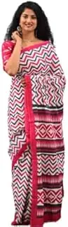 [INDIA MADE] Women's Ikat Hand Block Print Jaipuri Cotton Mulmul Saree with Blouse Piece-7697, Multicolor