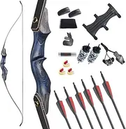 TOPARCHERY 60 Inch Archery Recurve Bow Takedown Bow and Arrow Set Longbow American Hunting Bow 25-50lbs Right Hand with Wood Bow Riser for Archery Hunting Target Shooting Practice