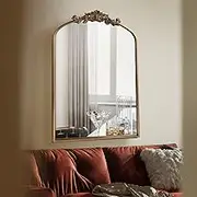 OUSHUAI Gold Brass Mirror for Wall,Gold Traditional Vintage Ornate Baroque Mirror,Victorian Antique Bronze with Full Matel Frame,Arched Entryway/Bathroom/Fireplace 24/''X36/'', Retro Gold