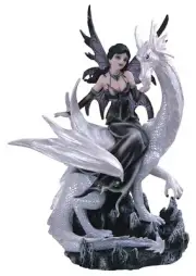 BLACK CLAD FAIRY RIDING WHITE DRAGON FIGURINE