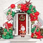 Christmas Balloons Garland Arch Kit, 140 Pack Xmas Red White Green Gold Balloons, Candy Cane Foil Balloons, Santa Claus Balloon, Explosion Star Balloons,for Christmas New Year Party Decorations (E)