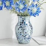 Octdays Blue Glass Vase Decor: Modern Mosaic Vase for Home Decor Unique Decorative Vases Elegant Glass Flower Vase for Living Room Bedroom Wedding TV Stand Decoration