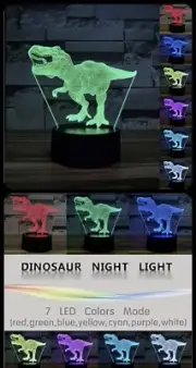 Dinosaur Night Light T-Rex 3D Illusion 7 Colors Changing Lamp with Black Base
