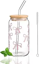 Laitejituan Bow Drinking Glasses 500 ml with Lid and Straw, Bubble Tea Cup, Iced Coffee Glasses, Bow Glass Cup with Lid and Straw, Ideal for Smoothie, Latte, Cocktail, Whiskey